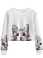 Oasap Women's Autumn Long Sleeve Cat Print Crop Sweatshirt