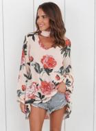 Oasap Floral Print Choker Neck Blouse