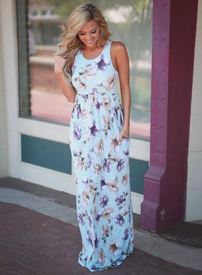 Oasap Round Neck High Waist Floral Print Maxi Dress