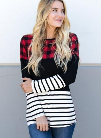 Oasap Color Block Round Neck Striped Sleeve Knit Tee Shirt