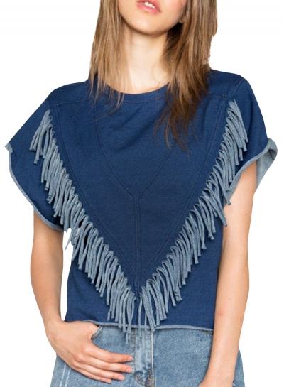 Oasap Women's Casual Short Sleeve Tasseled Pullover Denim Top T-shirt