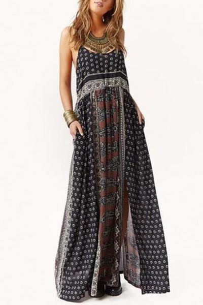 Oasap Chic Printing Slit Max Dress