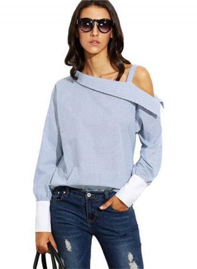 Oasap One Shoulder Striped Long Sleeve Shirts