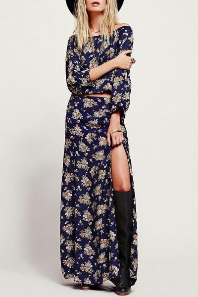 Oasap Floral Print Off The Shoulder Top Slit Skirt Matching Set