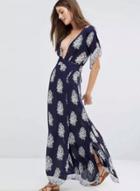 Oasap Deep V Neck Backless Floral Printed Slit Maxi Dress