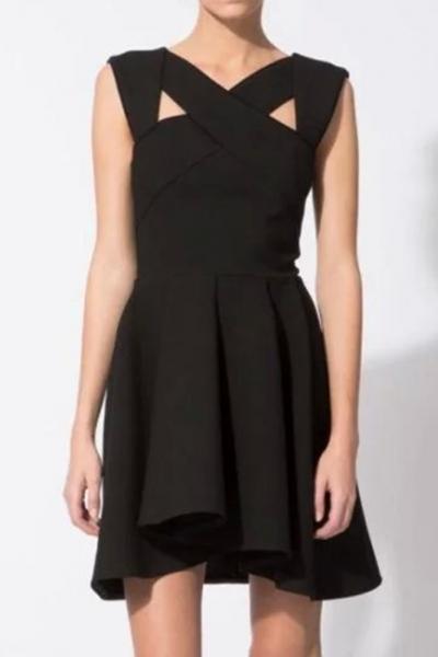 Oasap Solid Color Cross Strap Fit Flare Dress