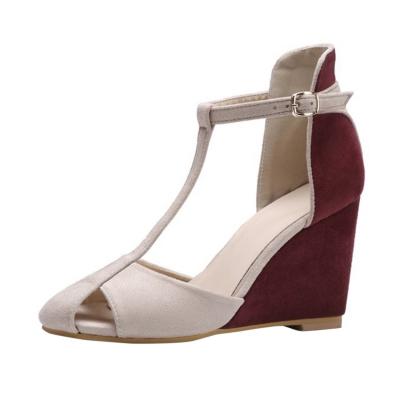 Oasap Round Toe Color Block T-strap Wedge Heels Sandals