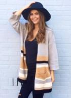 Oasap Long Sleeve Open Front Knit Striped Cardigan With Pockets