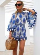 Oasap Round Neck Embroidery Romper With Tassel