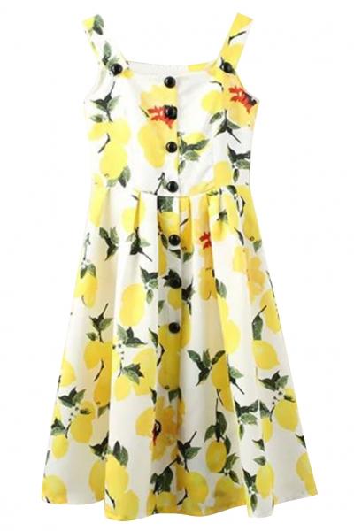 Oasap Delightful Floral Print Button Pleated Swing Midi Dress