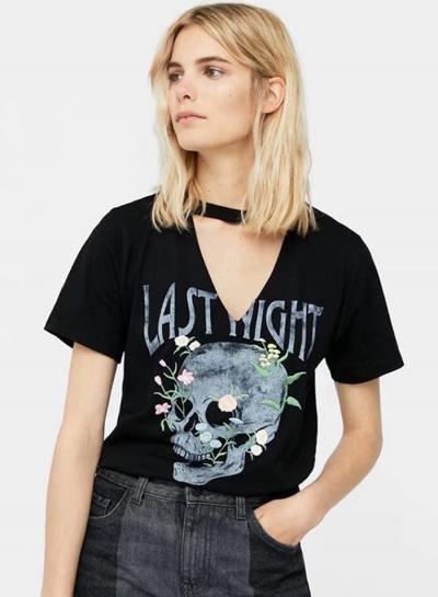 Oasap Fashion Embroidered Skull Pattern Short Sleeve V Neck Women Tee Shirt