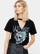 Oasap Fashion Embroidered Skull Pattern Short Sleeve V Neck Women Tee Shirt