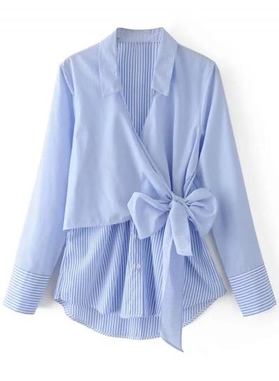 Oasap Turn Down Collar Bow Decoration Striped Shirts