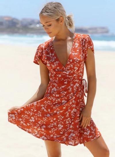 Oasap Floral Print V Neck High Waist A-line Dress