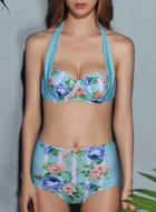 Oasap Floral Print Halter Top High Waist Bottom Swimwear