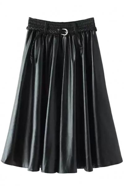 Oasap Black Pu Elastic Waist Weaved Belted Skirt