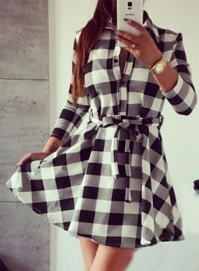 Oasap Long Sleeve Plaid Shirt Dress With Belt