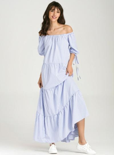 Oasap Off Shoulder Half Sleeve Stripe Maxi Dress
