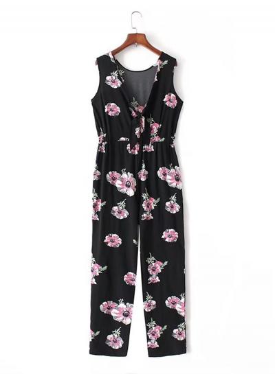 Oasap Sleeveless Floral Print Lace-up Jumpsuit