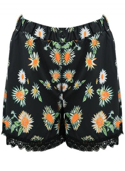 Oasap Women's Elastic Waist Floral Print Lace Hem Shorts