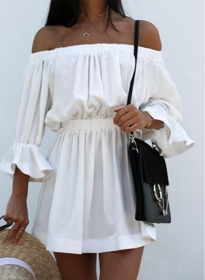 Oasap Off Shoulder Flare Sleeve Pleated Mini Dress