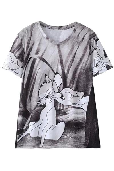 Oasap Cute Cartoon Deer Print Short Sleeve Tee