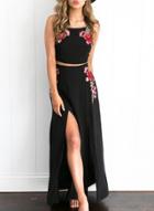 Oasap Floral Embroidery Crop Top High Slit Maxi Skirt Set
