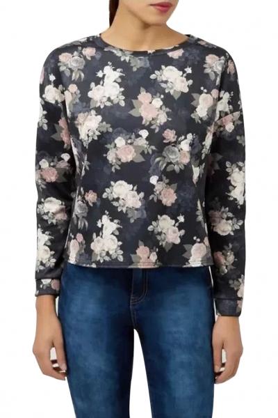 Oasap Black Demure Floral Drop-shoulder Sweatshirt
