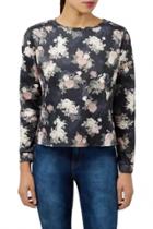 Oasap Black Demure Floral Drop-shoulder Sweatshirt