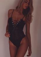 Oasap Spaghetti Strap Lace Up Lace Bodysuit