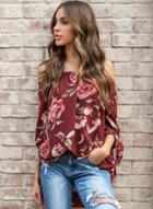 Oasap Fashion Floral Printed Off The Shoulder Half Sleeve Flounce Women Blouse