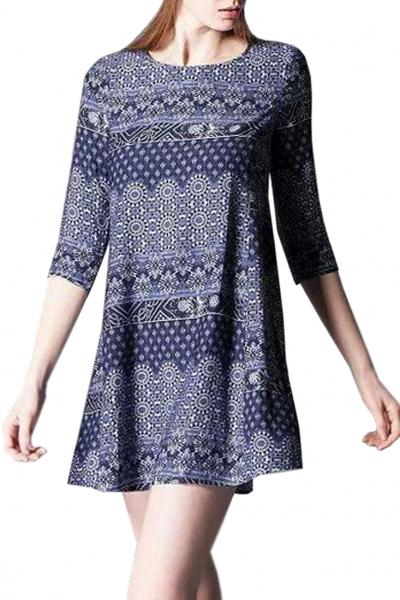 Oasap Navy Tribal Print Elbow Sleeves Shift Dress