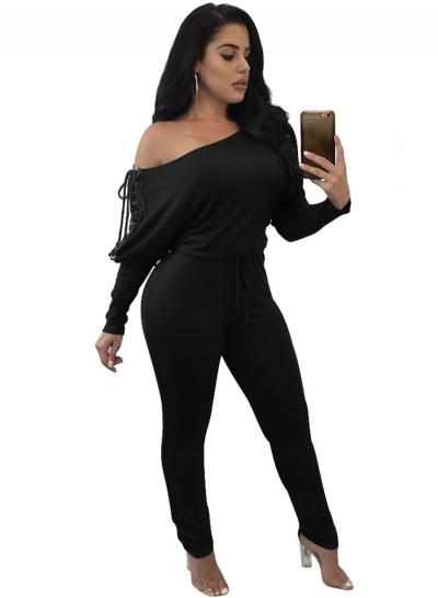 Oasap Off Shoulder Long Sleeve Lace-up Jumpsuit