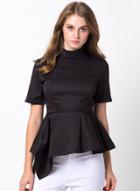 Oasap Asymmetric High Waist High Neck Half Sleeve Solid Blouse