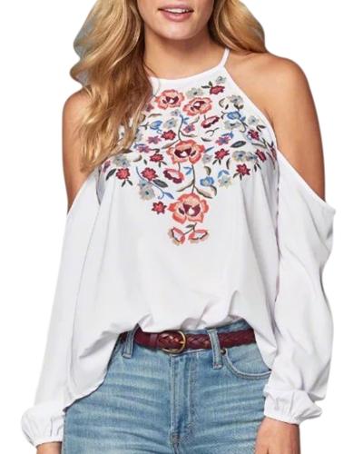 Oasap Women's Fashion Cutout Shoulder Long Sleeve Embroidered Blouse