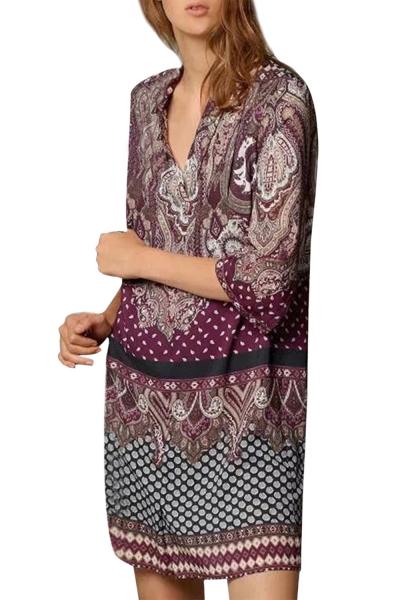 Oasap Women Vintage Print Deep V 3/4 Sleeve Loose Fit Dress