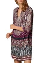 Oasap Women Vintage Print Deep V 3/4 Sleeve Loose Fit Dress