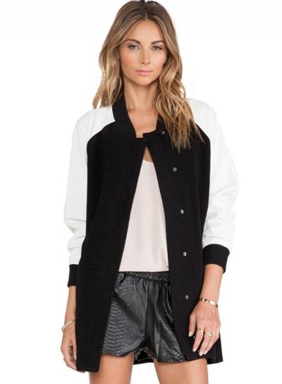 Oasap Women's Color Block Band Collar Snap Button Bomber Jacket