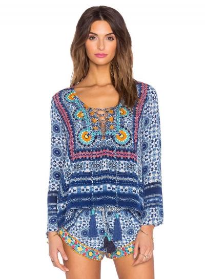 Oasap V Neck Long Sleeve Placement Print Blouse With Tassel