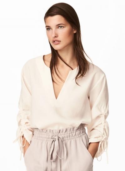 Oasap Fashion V Neck Drawstring Long Sleeve Solid Blouse
