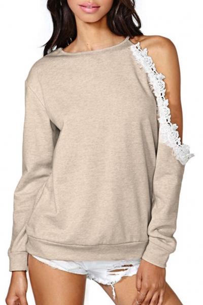 Oasap Chic Cut-out Lace Paneled Sweatshirt