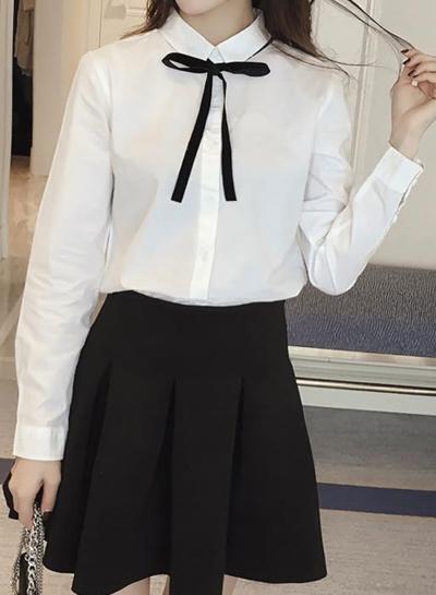 Oasap Casual Long Sleeve Bow Tie Front Button Down Shirt