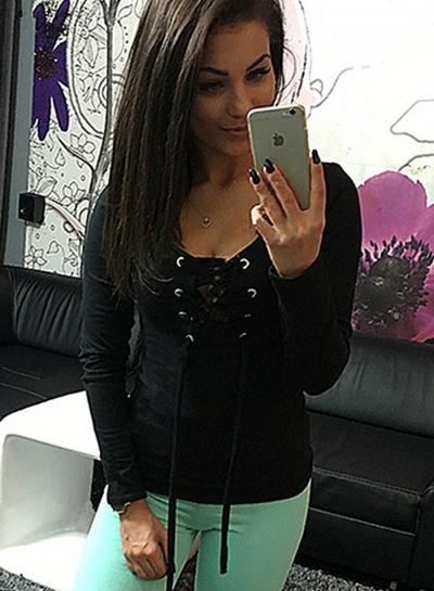 Oasap Long Sleeve Lace-up Slim Fit Solid Tee