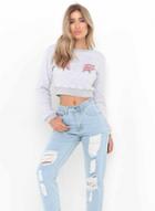Oasap Fashion Long Sleeve Floral Embroidery Cropped Sweatshirt