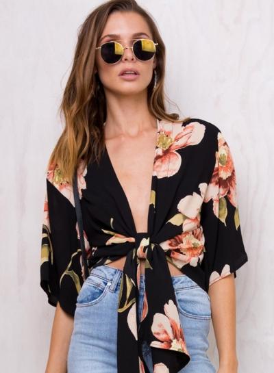 Oasap Deep V Neck Half Sleeve Floral Printed Blouses