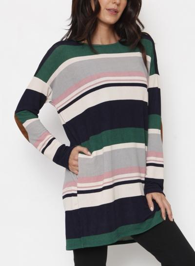 Oasap Round Neck Long Sleeve Striped Long Tee Shirt