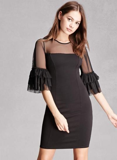 Oasap Mesh Panel Flounce Sleeve Bodycon Dress