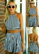 Oasap Casual Stripe Crop Top Shorts 2 Piece Set