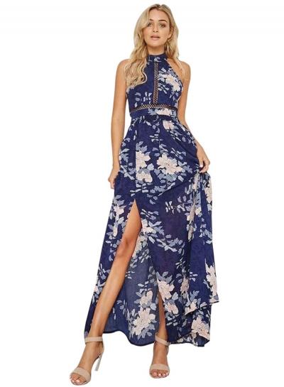 Oasap Halter Sleeveless Floral Print High Slit Hollow Out Maxi Dress