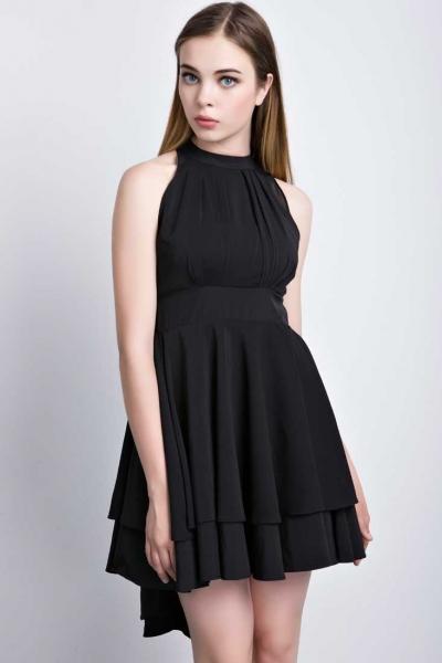 Oasap Solid Black High Waist Halter Neck Dress